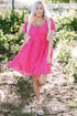 Textured Grid Puff Sleeve Babydoll Mini Dress