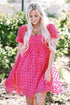 Textured Grid Puff Sleeve Babydoll Mini Dress