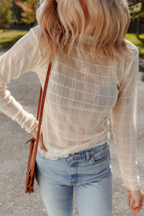 Textured Grid Sheer Mesh Crew Neck Top