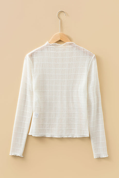 Textured Grid Sheer Mesh Crew Neck Top