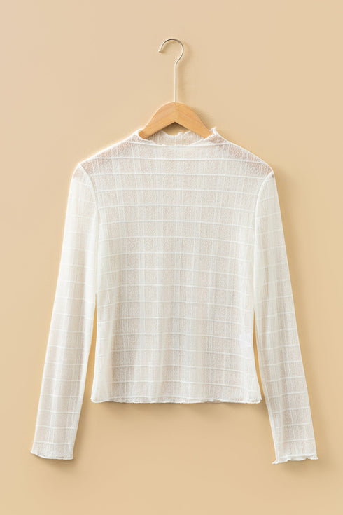 Textured Grid Sheer Mesh Crew Neck Top