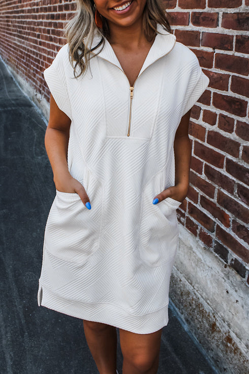 Textured Half Zip Collared Cap Sleeve Mini Dress