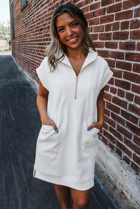 Textured Half Zip Collared Cap Sleeve Mini Dress