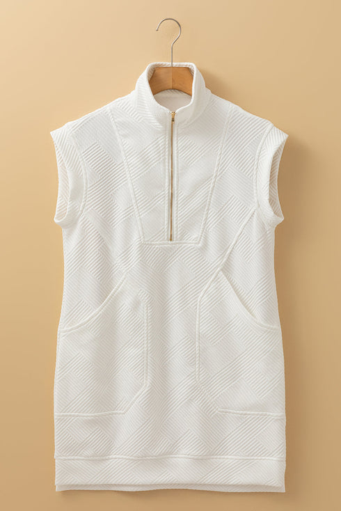 Textured Half Zip Collared Cap Sleeve Mini Dress