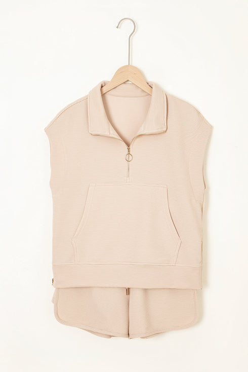Textured Half Zip Kangaroo Pocket Drawstring Shorts Set