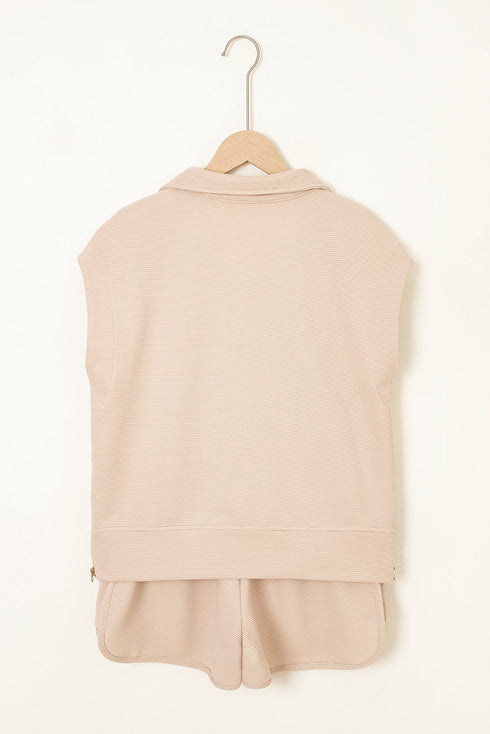 Textured Half Zip Kangaroo Pocket Drawstring Shorts Set