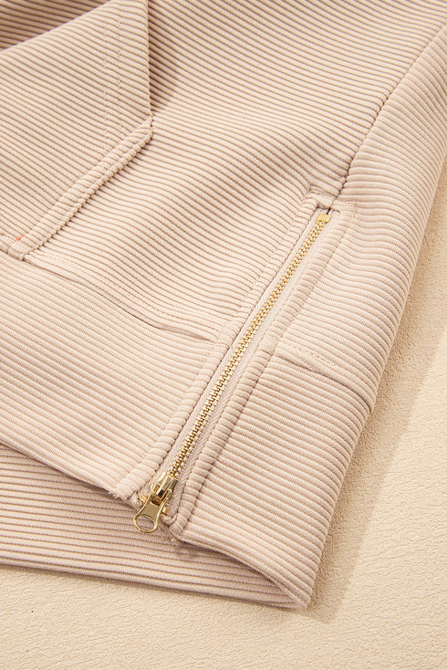Textured Half Zip Kangaroo Pocket Drawstring Shorts Set