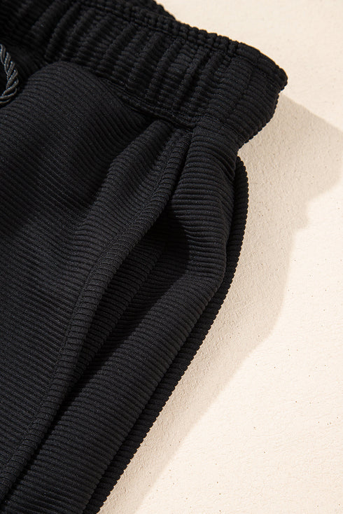 Textured Half Zip Kangaroo Pocket Drawstring Shorts Set