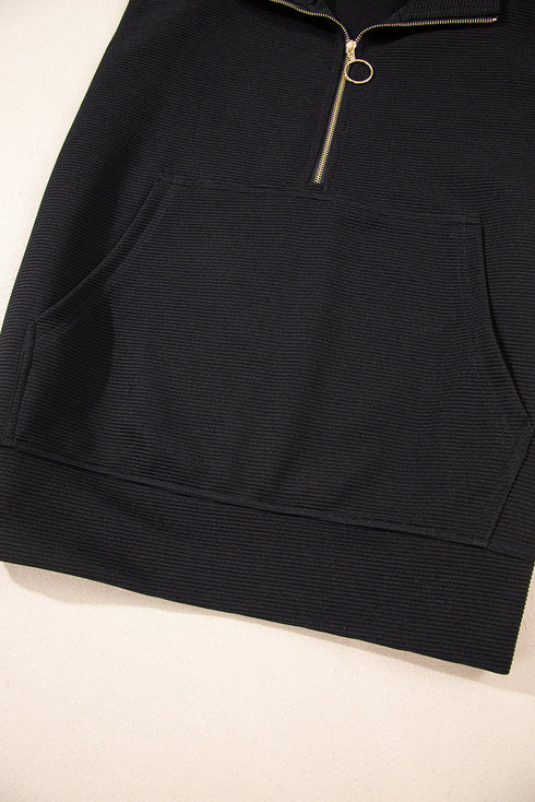 Textured Half Zip Kangaroo Pocket Drawstring Shorts Set