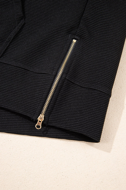 Textured Half Zip Kangaroo Pocket Drawstring Shorts Set