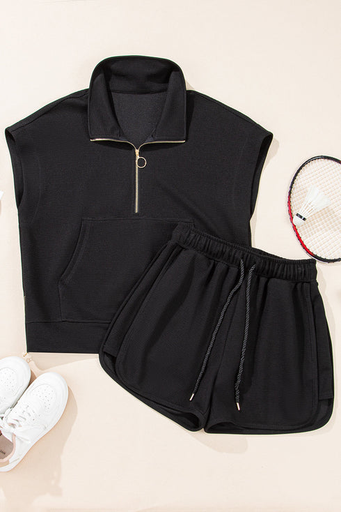 Textured Half Zip Kangaroo Pocket Drawstring Shorts Set