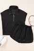 Textured Half Zip Kangaroo Pocket Drawstring Shorts Set