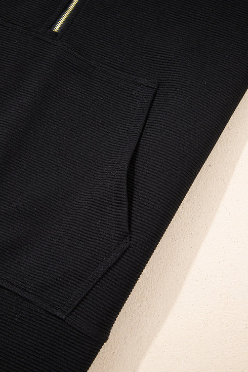 Textured Half Zip Kangaroo Pocket Drawstring Shorts Set