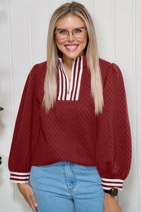 Textured Half Zip Striped Trim Balloon Sleeve Pullover