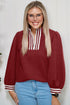 Textured Half Zip Striped Trim Balloon Sleeve Pullover