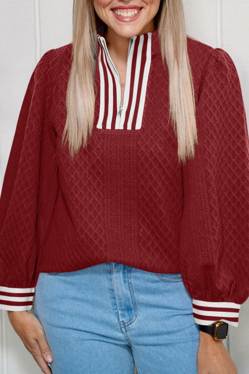 Textured Half Zip Striped Trim Balloon Sleeve Pullover