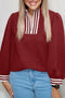 Textured Half Zip Striped Trim Balloon Sleeve Pullover
