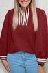 Textured Half Zip Striped Trim Balloon Sleeve Pullover
