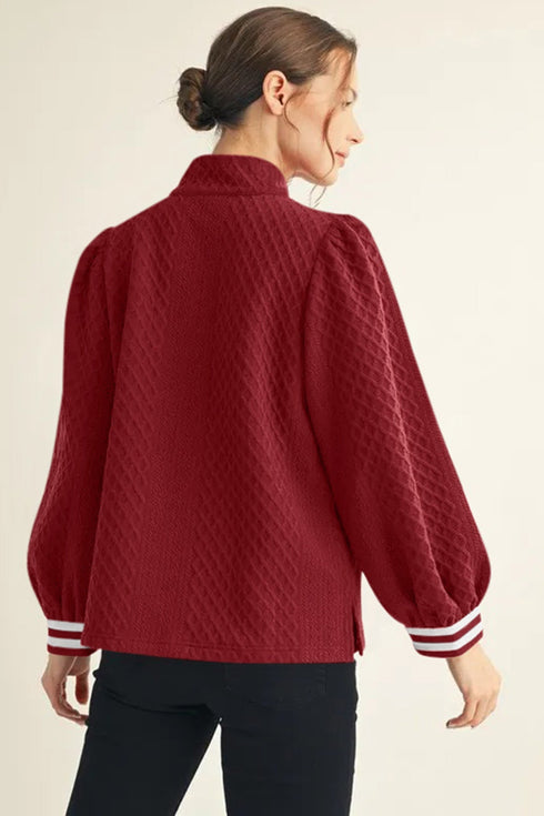 Textured Half Zip Striped Trim Balloon Sleeve Pullover