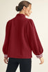 Textured Half Zip Striped Trim Balloon Sleeve Pullover