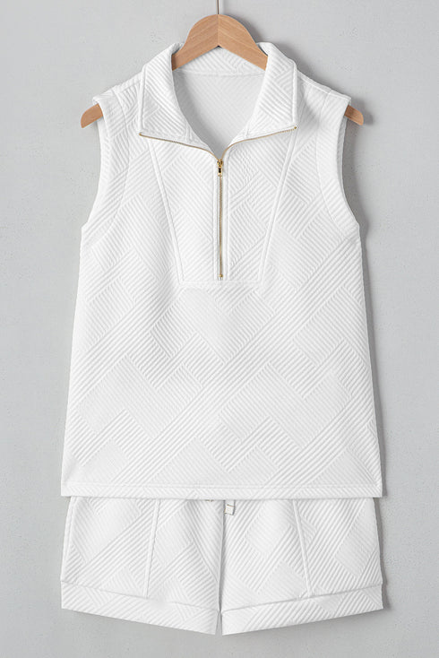 Textured Half Zip Tank Drawstring Short Sets