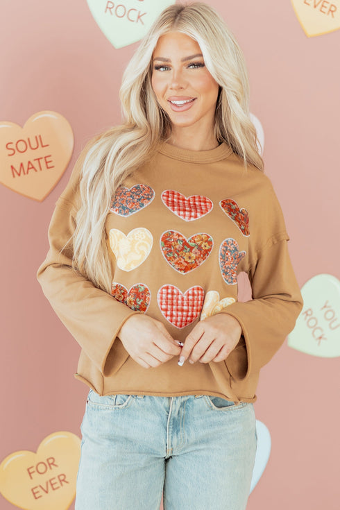 Textured Heart Applique Raw Edge Crew Neck Sweatshirt