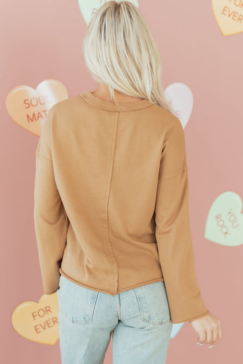 Textured Heart Applique Raw Edge Crew Neck Sweatshirt