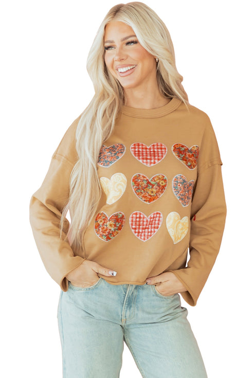 Textured Heart Applique Raw Edge Crew Neck Sweatshirt
