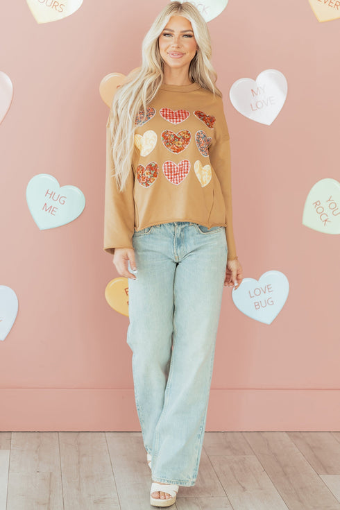 Textured Heart Applique Raw Edge Crew Neck Sweatshirt