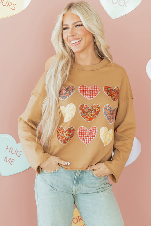 Textured Heart Applique Raw Edge Crew Neck Sweatshirt