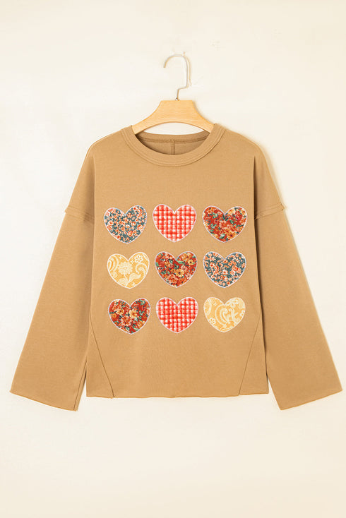 Textured Heart Applique Raw Edge Crew Neck Sweatshirt