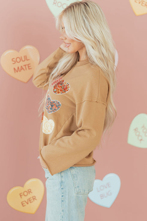 Textured Heart Applique Raw Edge Crew Neck Sweatshirt