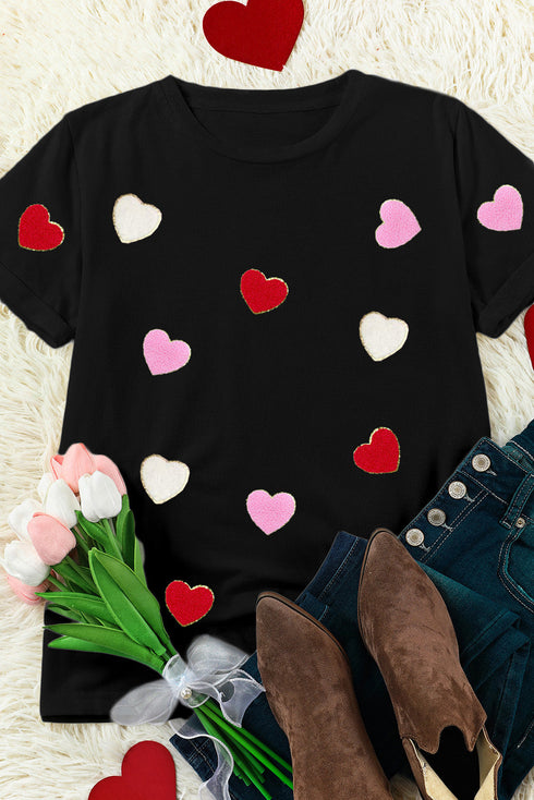 Textured Heart Applique Short Sleeve Crew Neck Tee