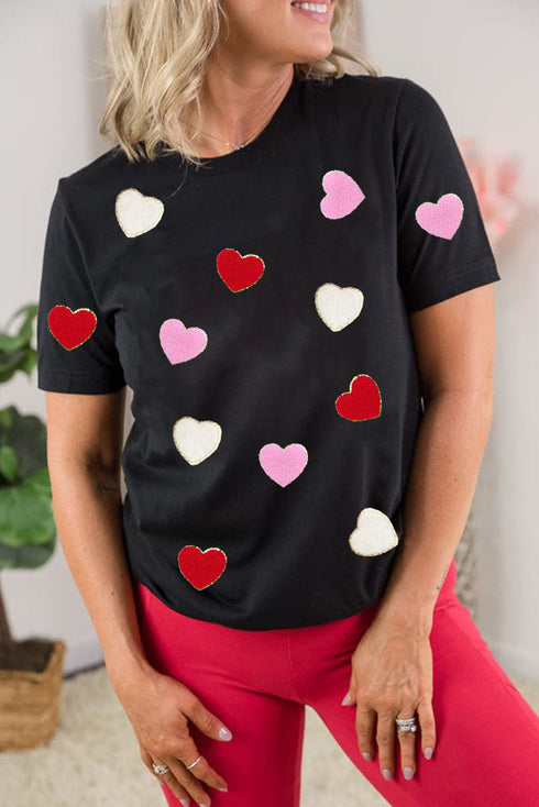 Textured Heart Applique Short Sleeve Crew Neck Tee