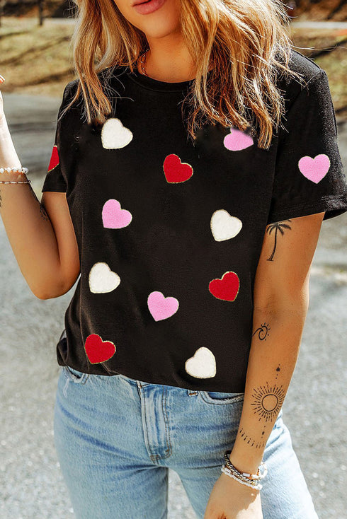 Textured Heart Applique Short Sleeve Crew Neck Tee