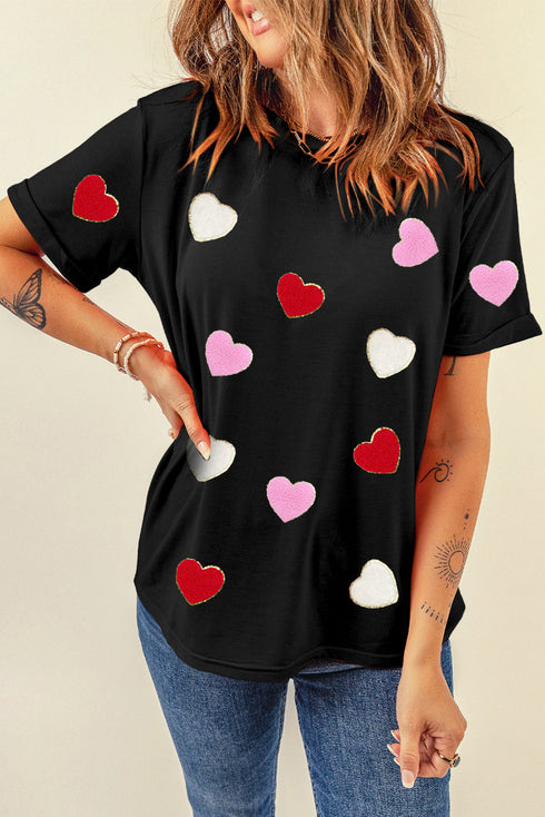 Textured Heart Applique Short Sleeve Crew Neck Tee