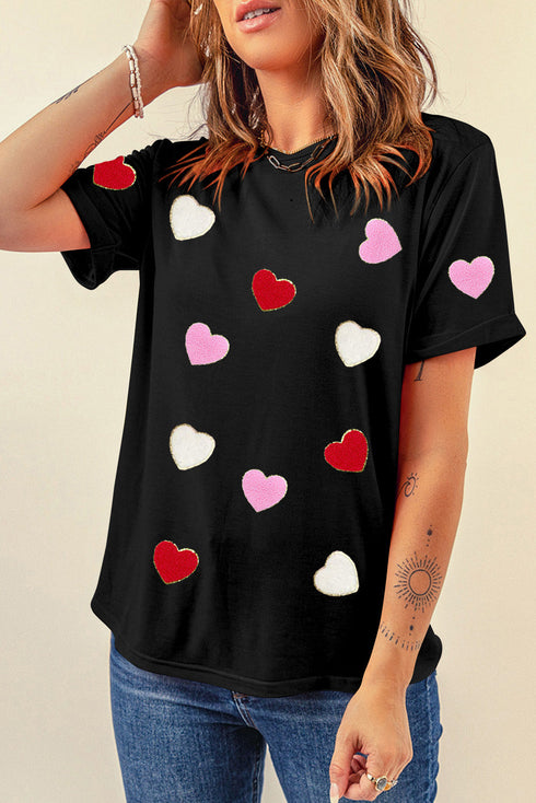 Textured Heart Applique Short Sleeve Crew Neck Tee