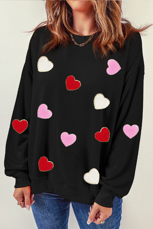 Textured Heart Motif Relaxed Fit Pullover Sweatshirt