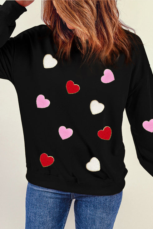 Textured Heart Motif Relaxed Fit Pullover Sweatshirt