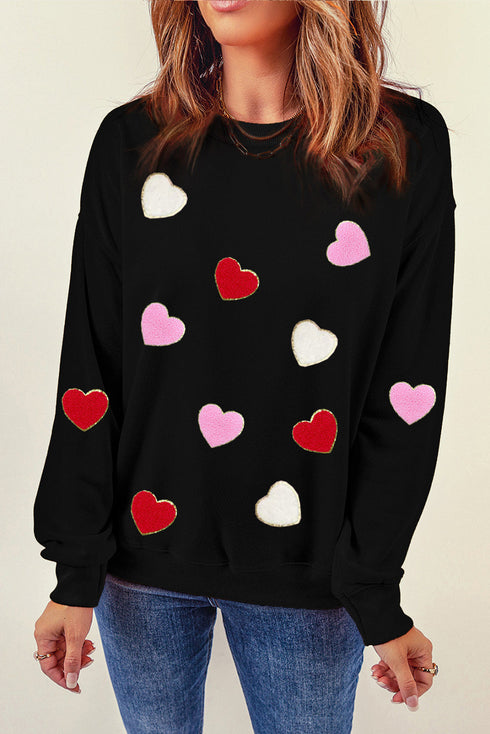 Textured Heart Motif Relaxed Fit Pullover Sweatshirt