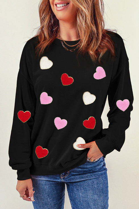 Textured Heart Motif Relaxed Fit Pullover Sweatshirt