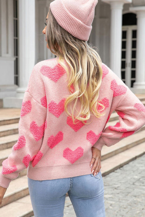 Textured Heart Pattern Relaxed Fit Knit Sweater