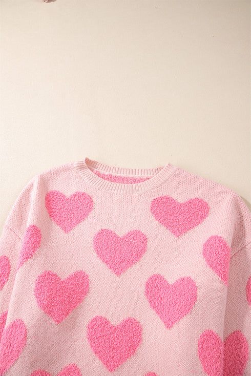 Textured Heart Pattern Relaxed Fit Knit Sweater