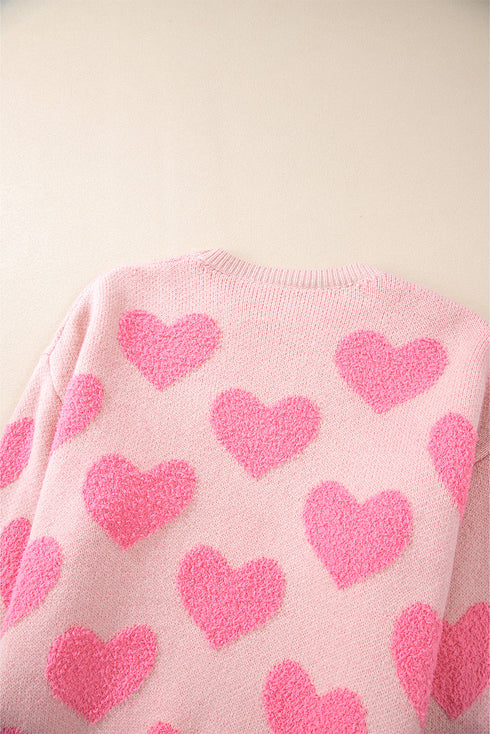 Textured Heart Pattern Relaxed Fit Knit Sweater