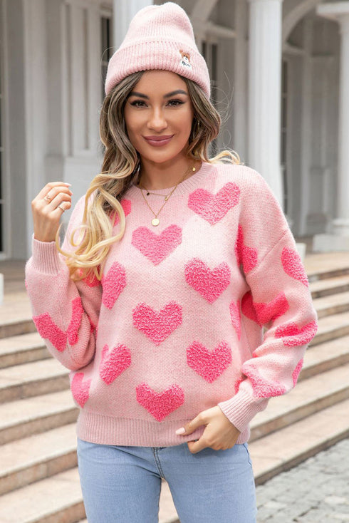 Textured Heart Pattern Relaxed Fit Knit Sweater