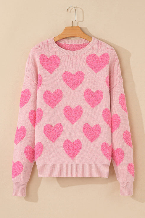 Textured Heart Pattern Relaxed Fit Knit Sweater