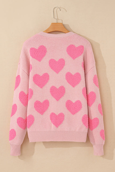 Textured Heart Pattern Relaxed Fit Knit Sweater