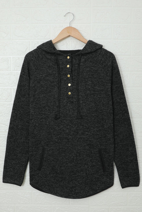 Textured Heathered Button Front Henley Hooded Pullover