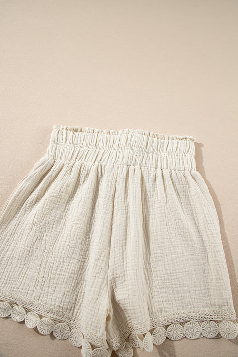 Textured High Waist Knotted Lace Hem Frilled Casual Shorts