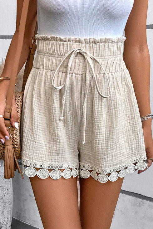 Textured High Waist Knotted Lace Hem Frilled Casual Shorts